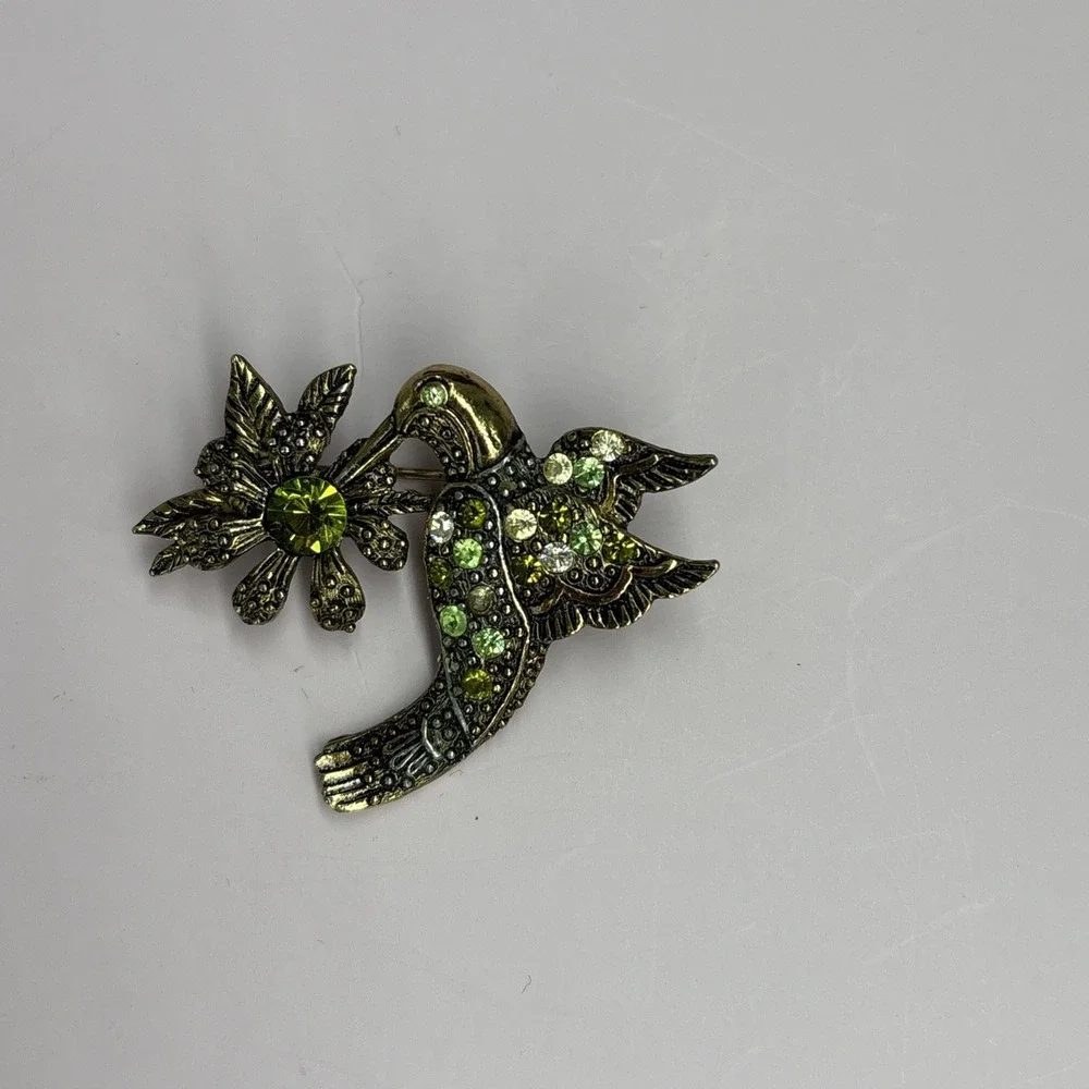 Vintage Rhinestone Pin Brooch Lot Hummingbird Gold tone Green